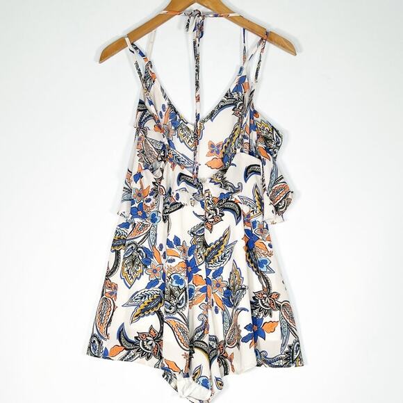 Ark & Co Boho Paisley Floral Print Ruffle Shorts Romper Cream Blue Orange - Picture 9 of 14
